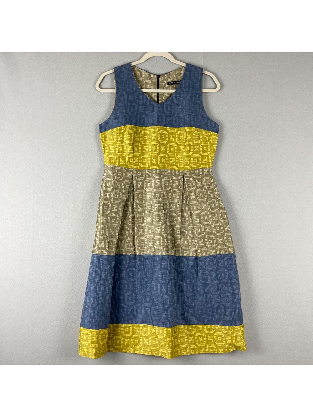 Made In Italy Dress Women 44 Medium Printed Linen Blend Geometric Preppy Classic